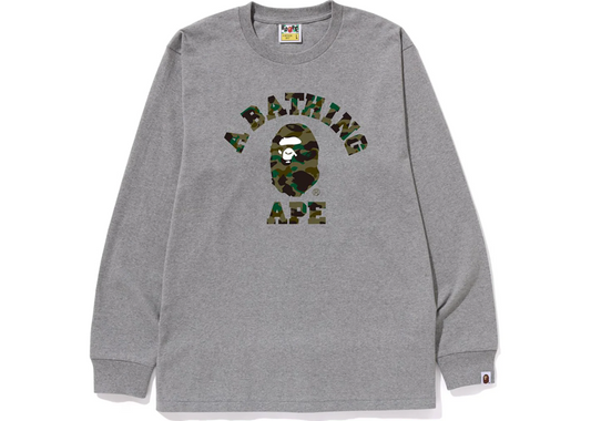 BAPE 1st Camo College L/S Tee in Grey/Green